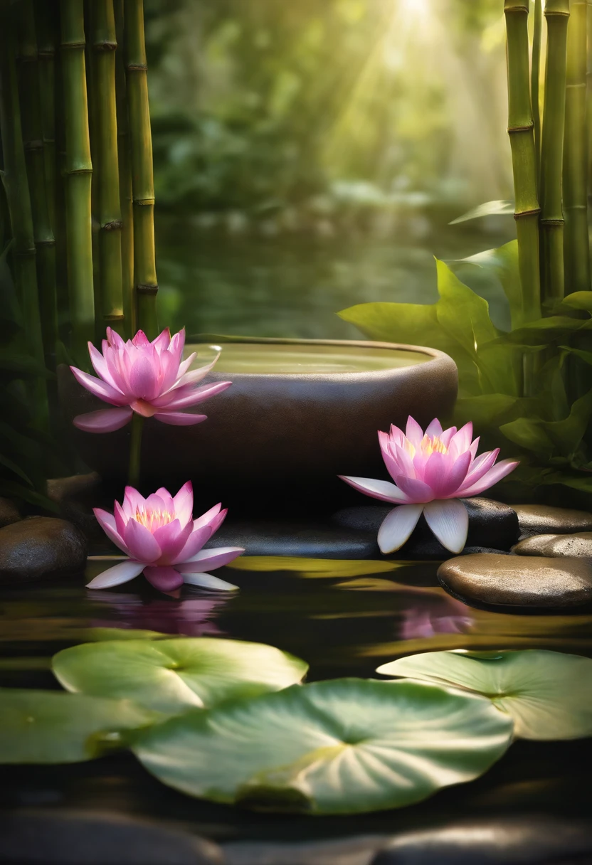 (bamboo fountain, water lily, spa stones),oil painting, detailed bamboo fountain, realistic water lilies, vibrant colors, subtle lighting, high quality artwork:1.2, serene atmosphere, tranquil garden, fine brushwork, peaceful mood, delicate details, harmonious composition, zen garden aesthetic, soothing sound of flowing water, reflective surface of the spa stones, natural materials, calm and relaxing setting.