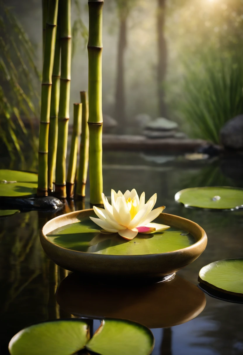 (bamboo fountain, water lily, spa stones),oil painting, detailed bamboo fountain, realistic water lilies, vibrant colors, subtle lighting, high quality artwork:1.2, serene atmosphere, tranquil garden, fine brushwork, peaceful mood, delicate details, harmonious composition, zen garden aesthetic, soothing sound of flowing water, reflective surface of the spa stones, natural materials, calm and relaxing setting.