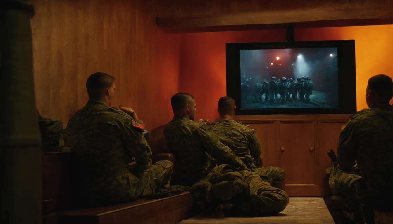 soldiers in a room watching television