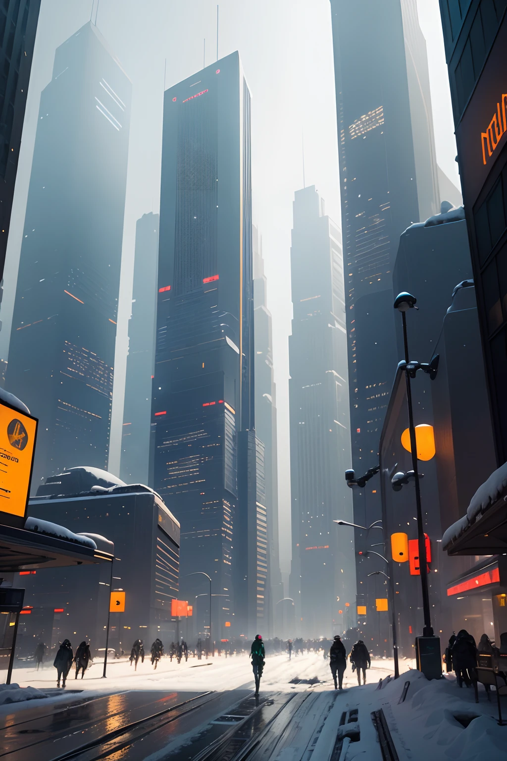 massive Snowy sci fi city with extremely high advancement of technology, alien-like buildings, skyscrapers, and all other forms of cyberpunk dystopia dominating the landscape. Sidewalk view of immelsely tall buildings, golden sci fi statues, town squares, and overhead metro-rail train lines while it's snowing. Cyberpunk-like pale skinned citizens. Extremely detailed.