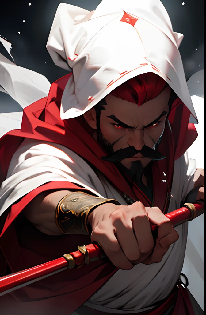 (best quality,highres),Feiticeiro Gnomo,man,red mustache,black eyes,white robe with red details,wielding a staff with a ruby on the top,In combat stance against a Lich,ultra-detailed,realistic,portrait,studio lighting,vivid colors,sharp focus,physically-based rendering,bokeh
