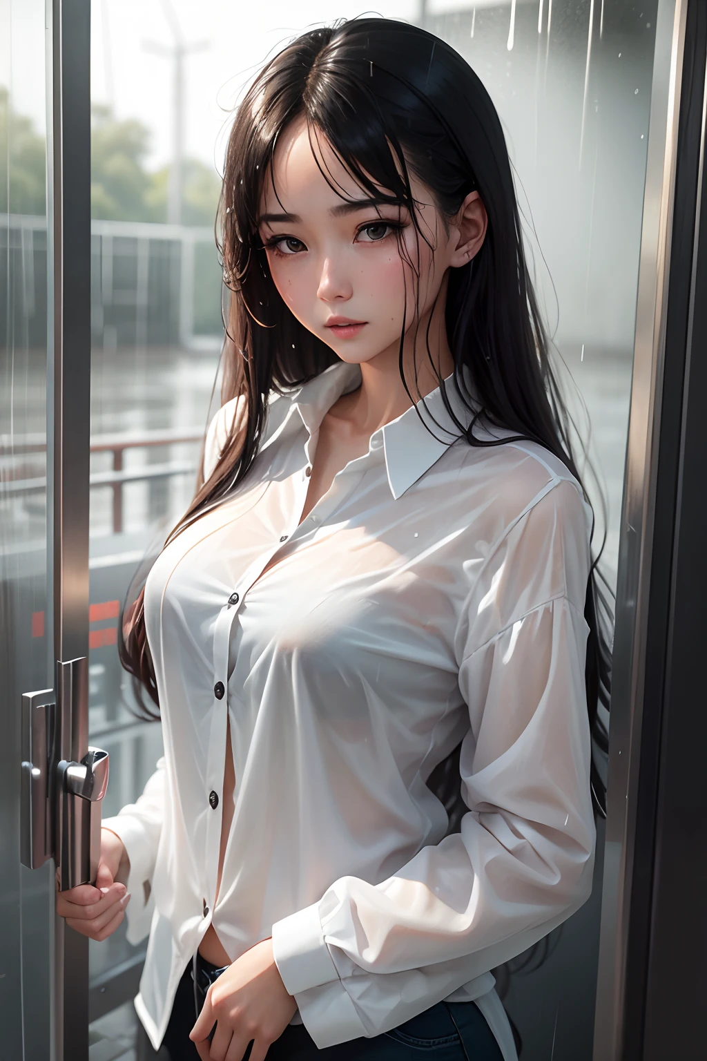 Young woman in trouble getting wet in the rain、Both the hair and the white blouse are wet。