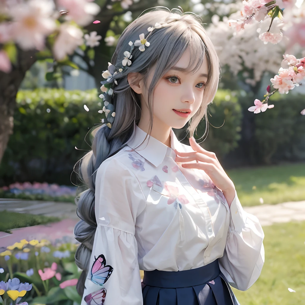 Blurry, Blurry_Foreground, Depth_In the_field, flower petals, butterfly, bug, cherry_florals, Blurry_Background, Blue_butterfly, motion_blur, flower, elaina_(Nice_No_tabitabi), 1girl in, Open_Mouth, long_hair, Pink_flower, braid, Falling_flower petals, white_Shirt, Smile, Skirt, Shirt, white_flower, tree, Outdoors, Ahoge, up looking_で_viewer, hair_Bland_Eyes, spring_(season), day, Solo, Holding, branch, Bangs, Blue_skyporn, eyebrows_Visible_through_hair, :D, Silver_hair, hoods, Cape