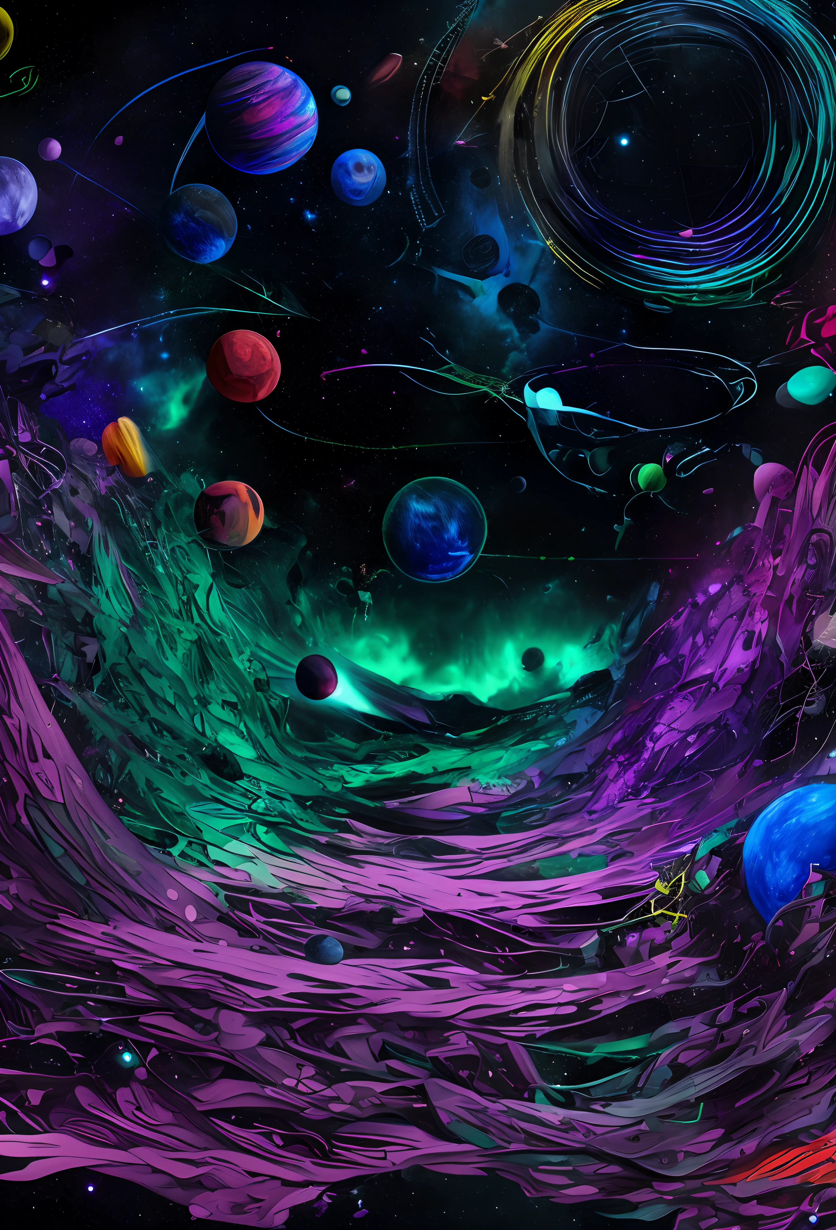uma pintura de uma cena espacial colorida com planetas e estrelas, Arte digital altamente detalhada em 4k, Arte digital detalhada em 4k, Arte Digital 4K, Sci-Fi Digital Art Illustration, cosmic and colorful, space colors, Arte Digital Widescreen 8K, 8k arte impressionante, arte digital colorida