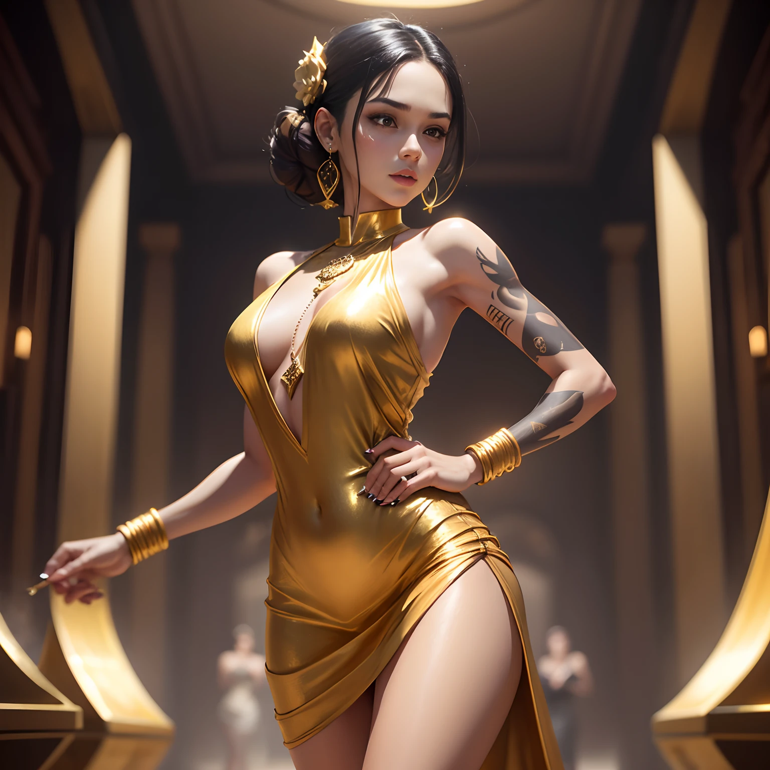 Gold tattoo with girl with golden earrings, In the style of vray tracing, Martin Ansin, yuumei, Poured, close up, Dark white and gold, speedpainting, masutepiece, Best Quality,Skinny Legs,Gold Dress,Party Venue,