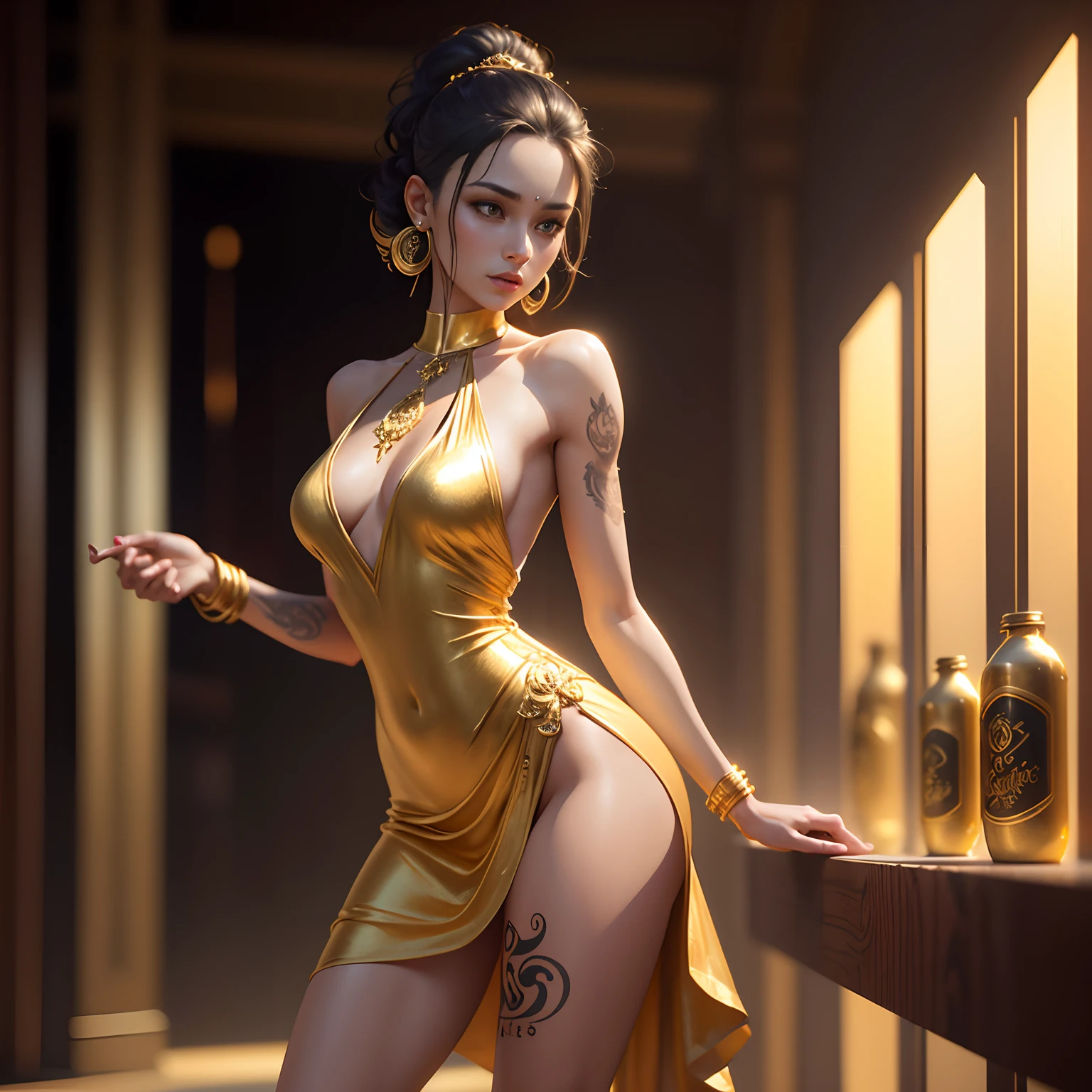 Gold tattoo with girl with golden earrings, In the style of vray tracing, Martin Ansin, yuumei, Poured, close up, Dark white and gold, speedpainting, masutepiece, Best Quality,Skinny Legs,Gold Dress,Party Venue,