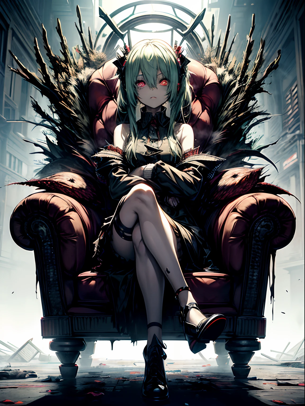 Ahegao、miku hatsune、Green hair、sitting in a throne、Black Dress、Very fellow humanoid characters, red eyes, She's crazy, nutty, horor, is scared, is scared, Shock value, Very diabolical, evocation, terrorism, terrorism, terrorism, rot, feeling of disgust, She is a psychopath, murky, extremely pale, paler, matted,, seem, terrifying, disease, Background ruins, gore, Bloody_mano, Yui, full body Esbian, (Messy_long_murky_Haar), Bosseler, evil eyes, Bright eye, psychopath, Leaning back on the sofa, cross one's legs