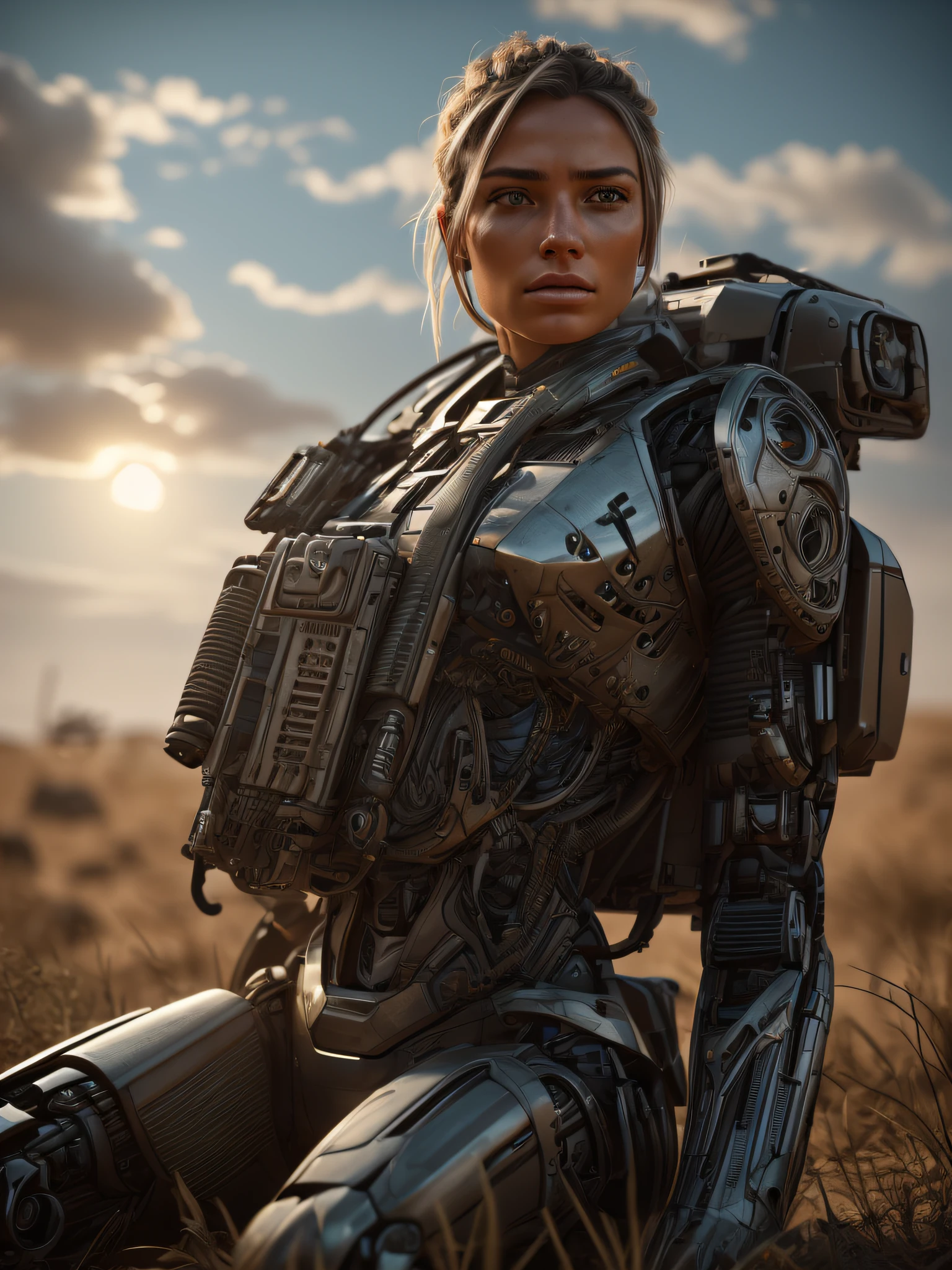 A photo of lost knackered gorgeous female military soldier cyborg sit down on the Savana, back light, insanely detailed and intricate, octane render, unreal engine, hyper realistic photo, high definition, 32 K, Nat Geo photography style