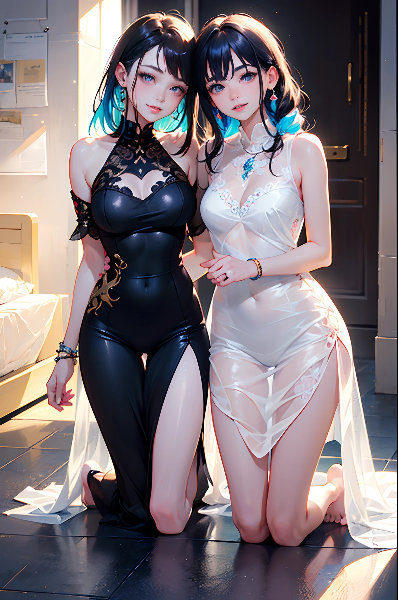 (mutiple girls:1.3),(two girls:1.4 kneeling),8k, masterpiece, RAW photograph:1.4, best quality, photorealistic, extremely detailed CG unity 8k wallpaper, Depth of field, Cinematic Light, Lens Flare, Ray tracing, (extremely beautiful face, beautiful lips, beautiful eyes), intricate detail face, ((ultra detailed skin)) 2girls, in the dark, deep shadow, pretty Asian girl, idol, ((looking at viewer)),(big smile:1.3), (cityscape, blurry background), (dim lights, rooftops, veranda), pretty girls, earrings, bracelets, necklace, clear eyes, walking , front shot, (pale skin), faces forward, (big eyes), ((full body shot)), ((silk Laced)), ((see-through colorful embroidery pattern sleep gown:1.3)), (brown hairs) (looking at viewer:1.3), (laced panty), have a sheen , (See through,sleeping gown :1.3,embroidery), veranda