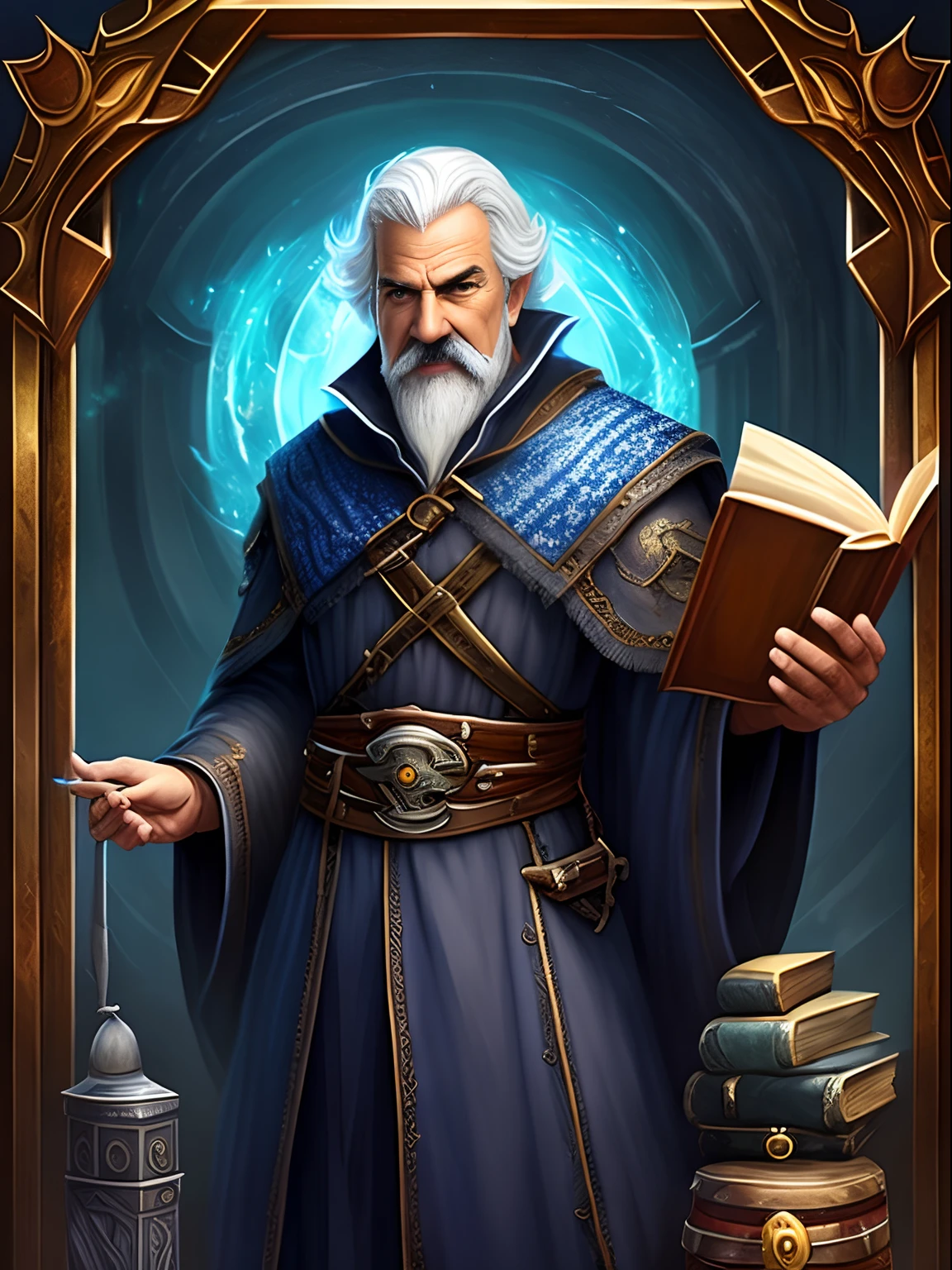 mage, old mage, male mage, wise old mage, full body, male old mage, realistic, black hair, gray hair on sides, moustache, black moustache, serious, standing, holding a book, blue clothes, looking at viewer, lowered eyebrows, rich clothes, realistic art, beautiful, character concept art, DnD character, simple background, smiling, art,