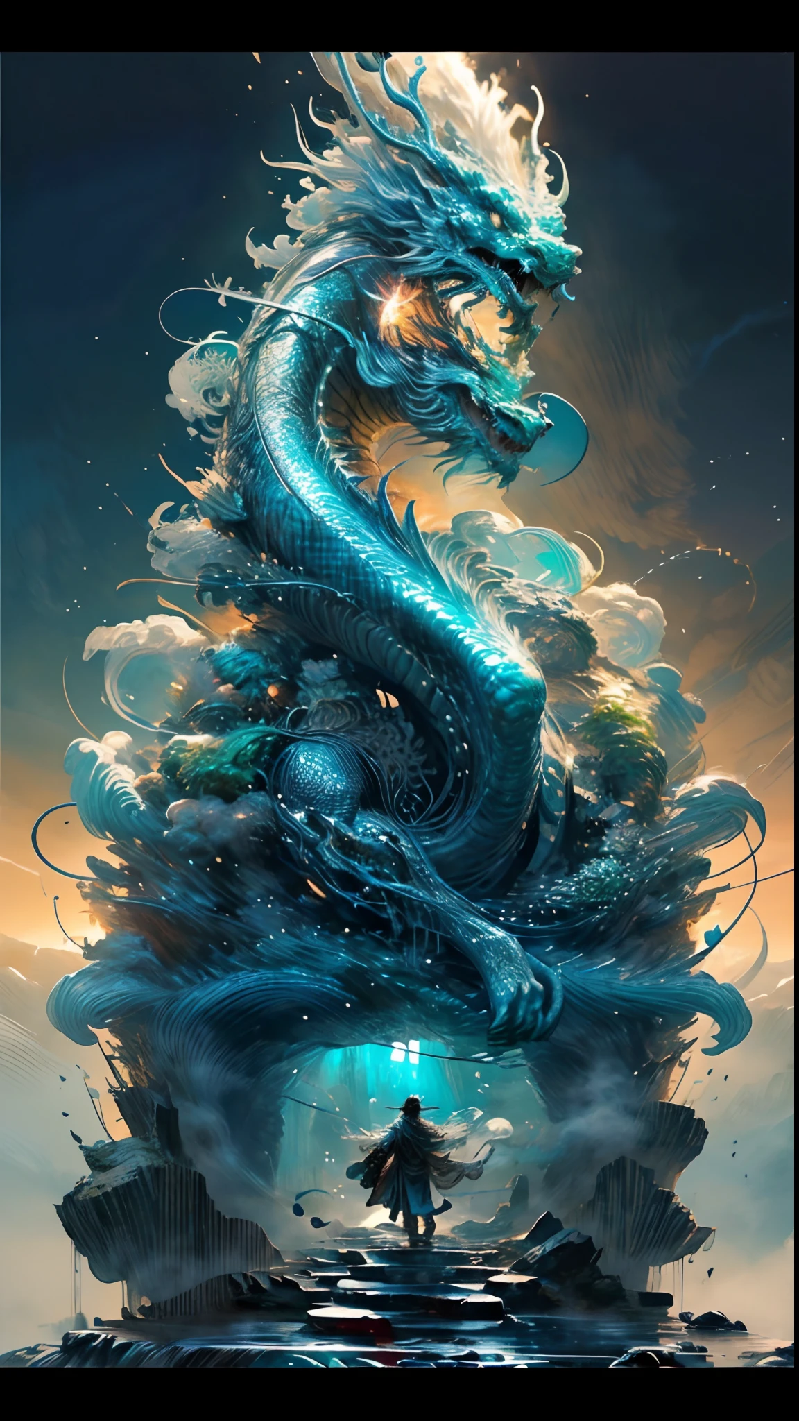 "An ethereal glowing Oriental dragon coiled around some ancient stone pillars on the Great Wall of China under a moonlit sky (fullmoon:1.2), (Star-filled sky:1.3). The dragon is made of smoky jade,、Erupts sporadically amid emerald green flames, (translucent:1.3, blazing:1.5), (hyperdetails:1.1). Artist style referencing to Feng Zhengjie and contemporary digital art"