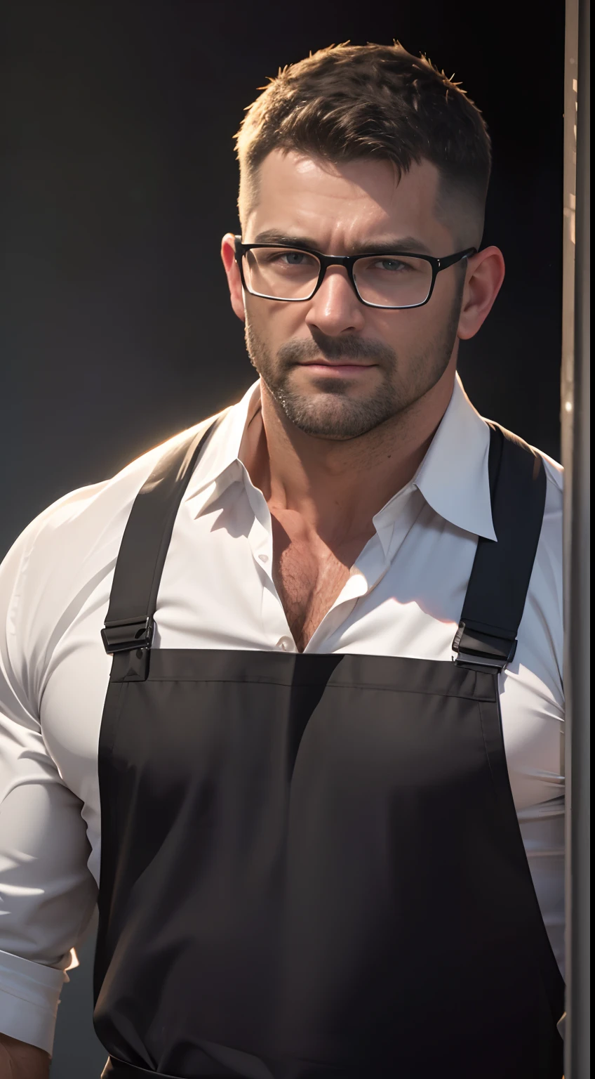 An award-winning original photo,A wild muscular man, (40 years old daddy:1.1), 1boy, Solo, (white apron), (black dress shirt), (big shoulders), musculature, stubbles, Short beard, Beautiful eyes:1.3, ), (Detailed face:1.3), wearing glasses, smilling, Dynamic Angle, volumetric lighting, (Best quality, A high resolution, Photorealistic), Cinematic lighting, Masterpiece, RAW photo, Intricate details, hdr, depth of field, upper body shot