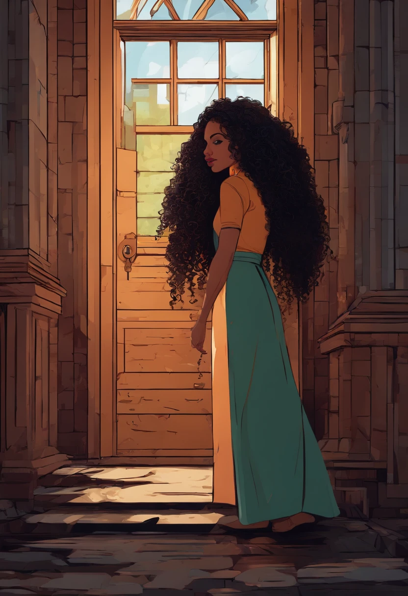 Curly haired character looking at a door in an abandoned building, pixelated style