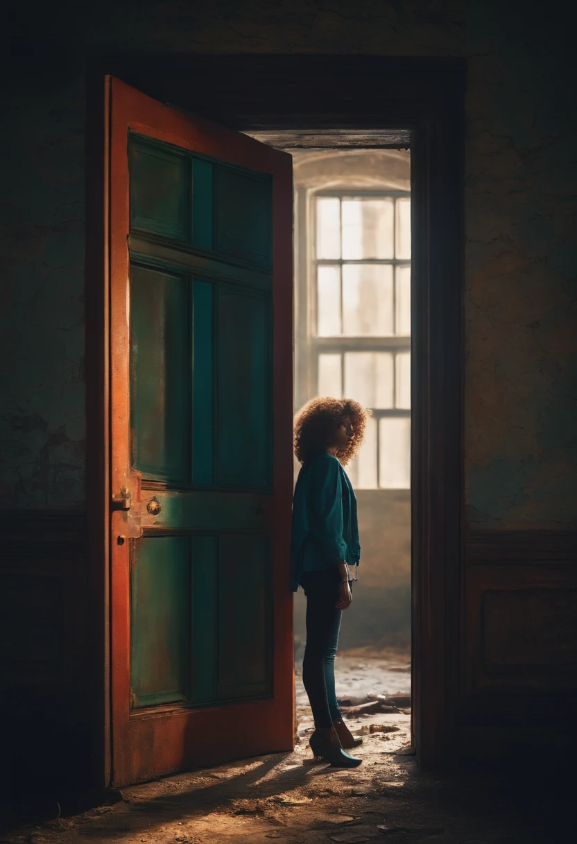 Curly haired character looking at a door in an abandoned building, pixelated style