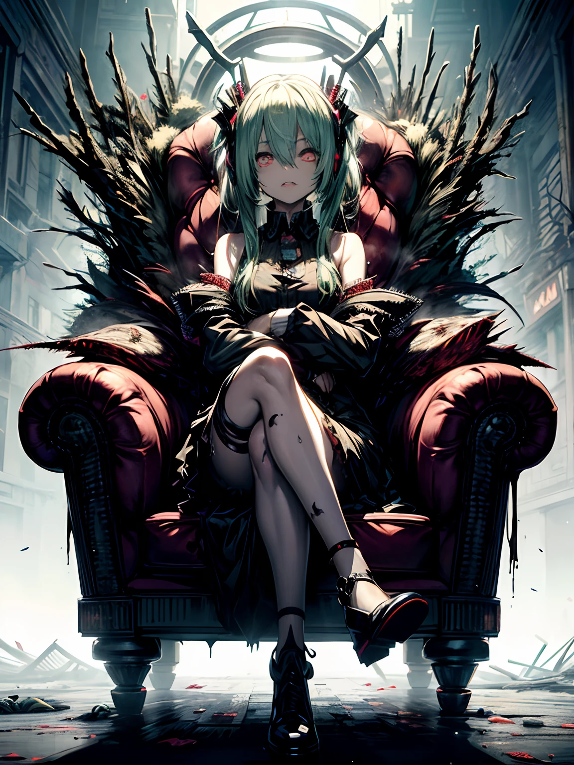 Ahegao、miku hatsune、Green hair、sitting in a throne、Black Dress、Very fellow humanoid characters, red eyes, She's crazy, nutty, horor, is scared, is scared, Shock value, Very diabolical, evocation, terrorism, terrorism, terrorism, rot, feeling of disgust, She is a psychopath, murky, extremely pale, paler, matted,, seem, terrifying, disease, Background ruins, gore, Bloody_mano, Yui, full body Esbian, (Messy_long_murky_Haar), Bosseler, evil eyes, Bright eye, psychopath, Leaning back on the sofa, cross one's legs