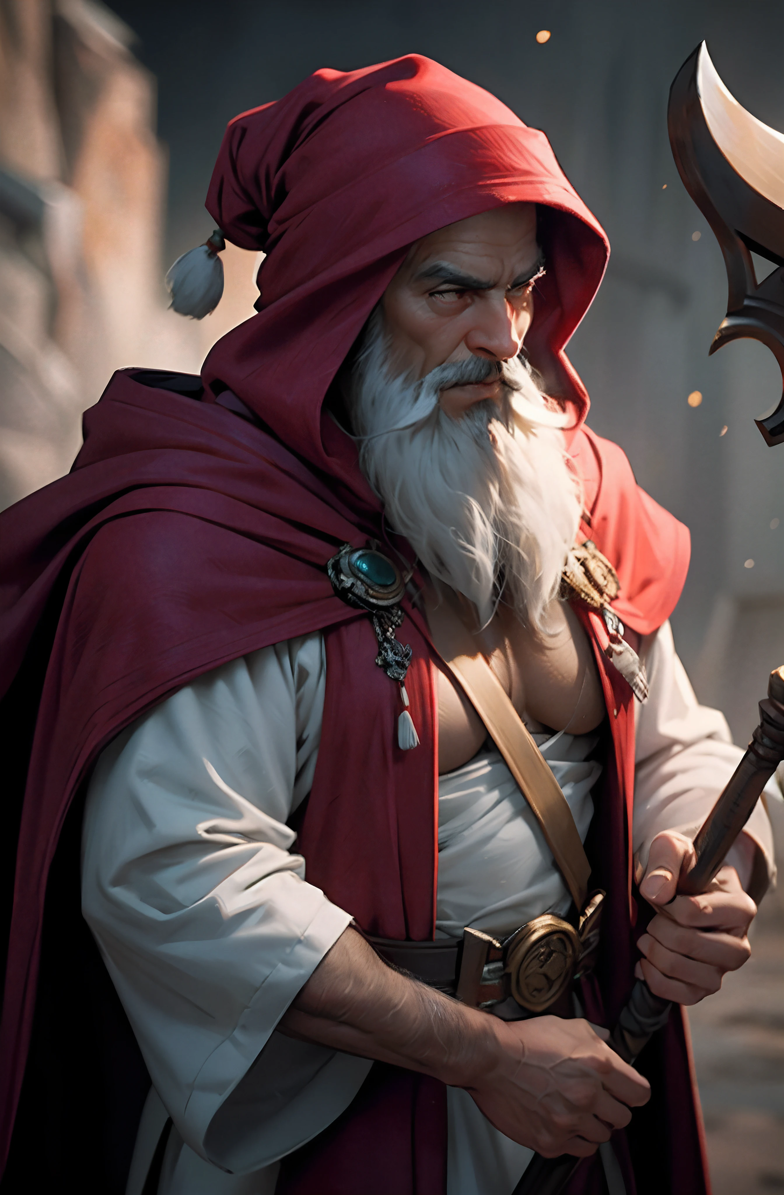 (best quality,Alto),Feiticeiro Gnomo,Man,bigode vermelho,olhos negros,White bathrobe with red accents,Wielding a staff with a ruby on top,Em postura de combate contra um Lich,ultra-detalhado,Realistic,retrato,studio lighting,vivid colors,foco nítido,Physically-based rendering,Bokeh