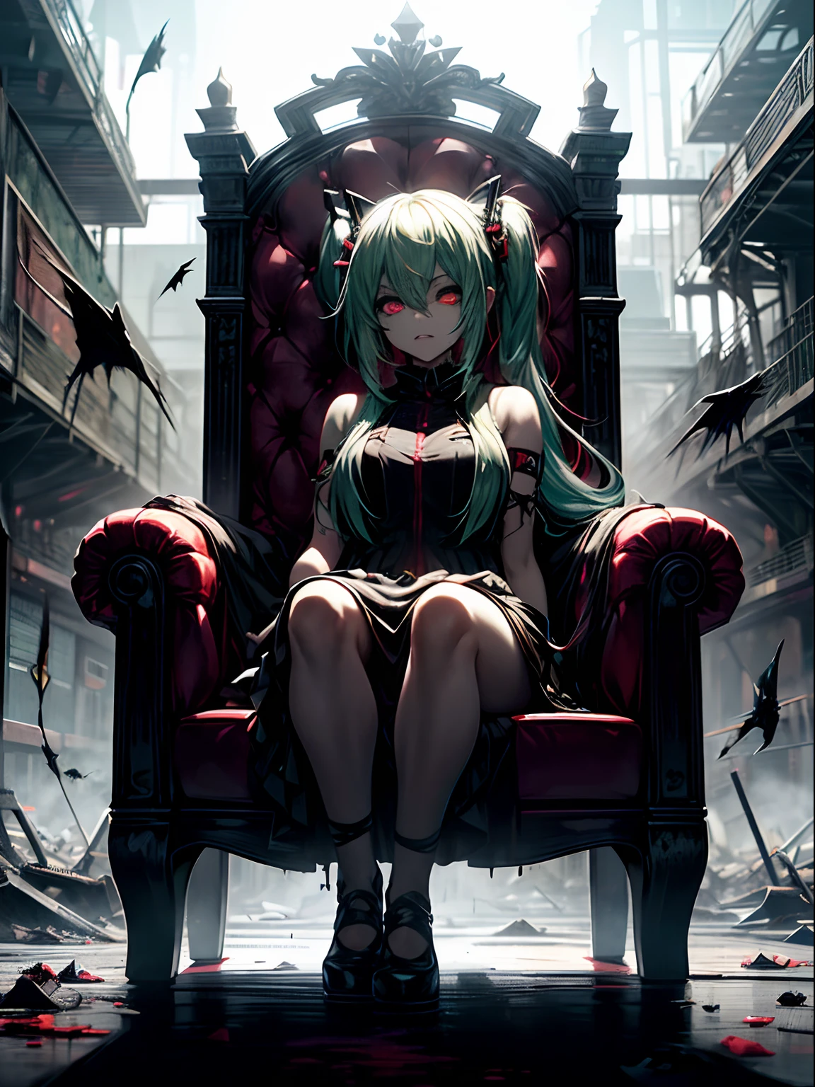 Ahegao、miku hatsune、Green hair、sitting in a throne、Black Dress、Very fellow humanoid characters, red eyes, She's crazy, nutty, horor, is scared, is scared, Shock value, Very diabolical, evocation, terrorism, terrorism, terrorism, rot, feeling of disgust, She is a psychopath, murky, extremely pale, paler, matted,, seem, terrifying, disease, Background ruins, gore, Bloody_mano, Yui, full body Esbian, (Messy_long_murky_Haar), Bosseler, evil eyes, Bright eye, psychopath, Leaning back on the sofa, cross one's legs