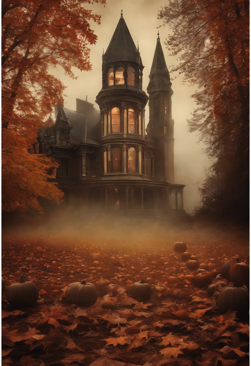 Halloween Dark Academy Vintage Gothic Collage Wall Art Style, Autumn season with fog.
