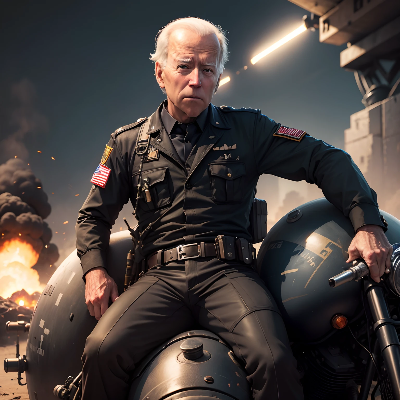 Joe Biden sitting on a bomb, black round bomb with a fuse