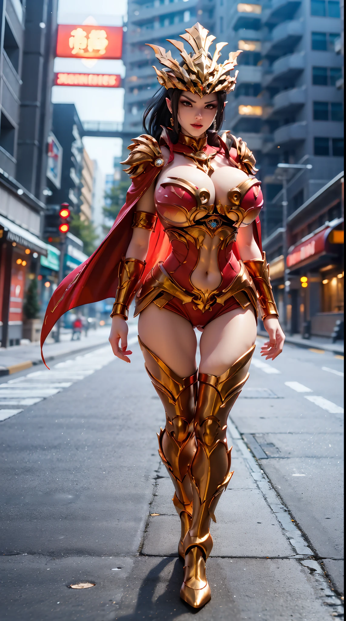 1GIRL, SOLO, (DRAGON QUEEN HELM, PONYTAIL), (HUGE FAKE BOOBS:1.3), (RED, GOLD), (STREET CITY BACKGROUND), (FUTURISTIC ICE PHOENIX MECHA BODYSUIT, ROYAL CAPE, CLEAVAGE:1.2), (SKINTIGHT YOGA HOTPANTS, HIGH HEELS:1.2), (PERFECT BODY, LOMG LEGS, FULL BODY VIEW:1.5), (LOOKING AT VIEWER), (WALKING DOWN:1.2), MUSCLE ABS:1.3, ULTRA HIGHT DEFINITION, 8K, 1080P.