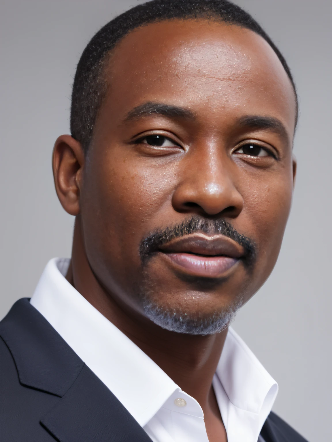 handsome 45-year-old African man close up portrait, Realistic、4K、High quality、Very detailed、professional photography、High-quality image、empty white background、brilliant、Fluffy behind、Hyperrealism.