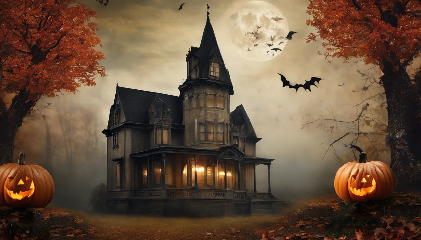 Halloween Party Dark Vintage Gothic Collage Wall Art Style, Autumn season with fog.