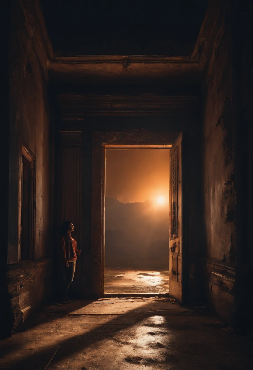 haracter with curly hair looking at a door in an abandoned building, pixelated style, the environment is a total blackout, and it's already dark outside