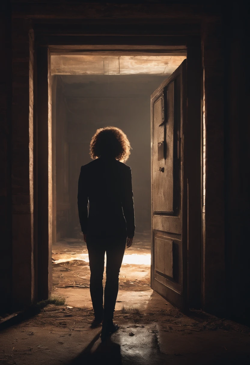 haracter with curly hair looking at a door in an abandoned building, pixelated style, the environment is a total blackout, and it's already dark outside