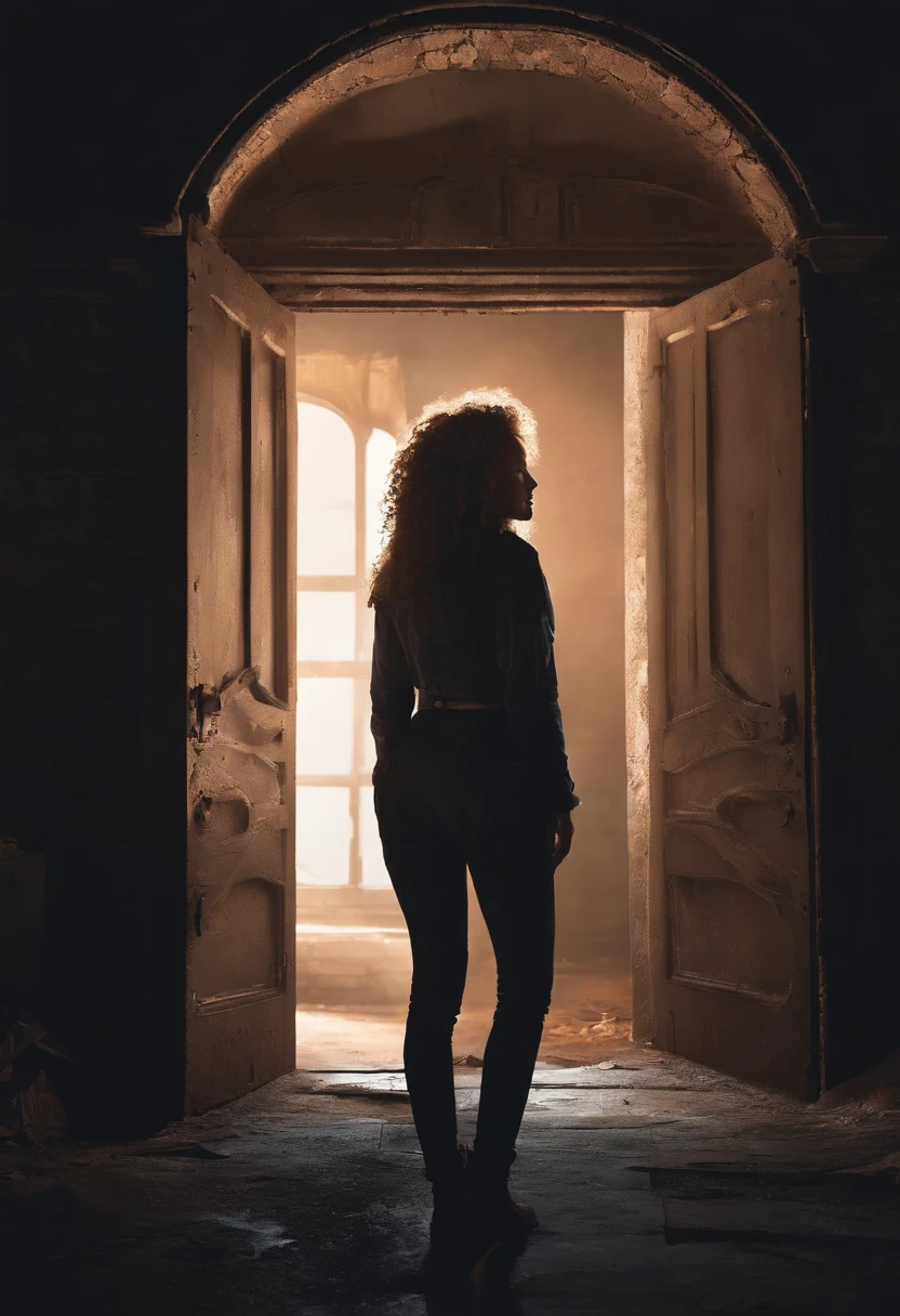 haracter with curly hair looking at a door in an abandoned building, pixelated style, the environment is a total blackout, and it's already dark outside
