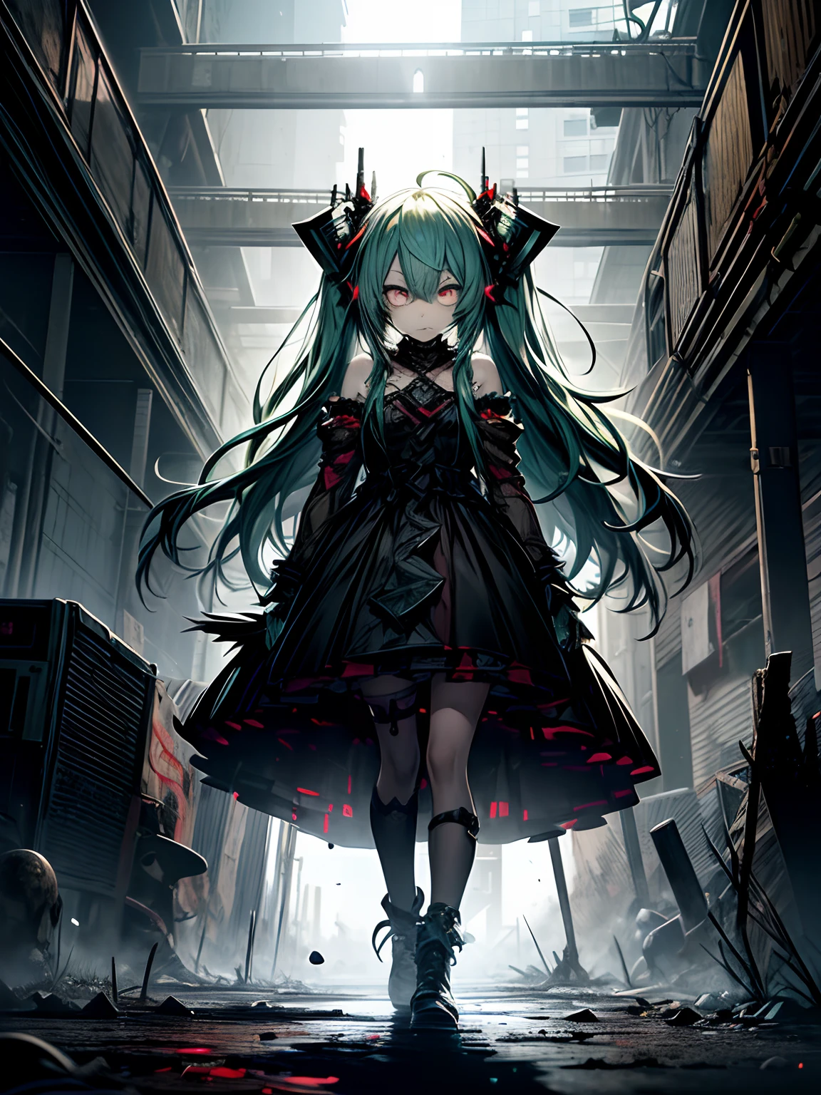 Ahegao、miku hatsune、Green hair、Black Dress、Very fellow humanoid characters, red eyes, She's crazy, nutty, horor, is scared, is scared, Shock value, Very diabolical, evocation, terrorism, terrorism, terrorism, rot, feeling of disgust, She is a psychopath, murky, extremely pale, paler, matted,, seem, terrifying, disease, Background ruins, gore, Bloody_mano, Yui, full body Esbian, (Messy_long_murky_Haar), Bosseler, evil eyes, Bright eye, psychopath,