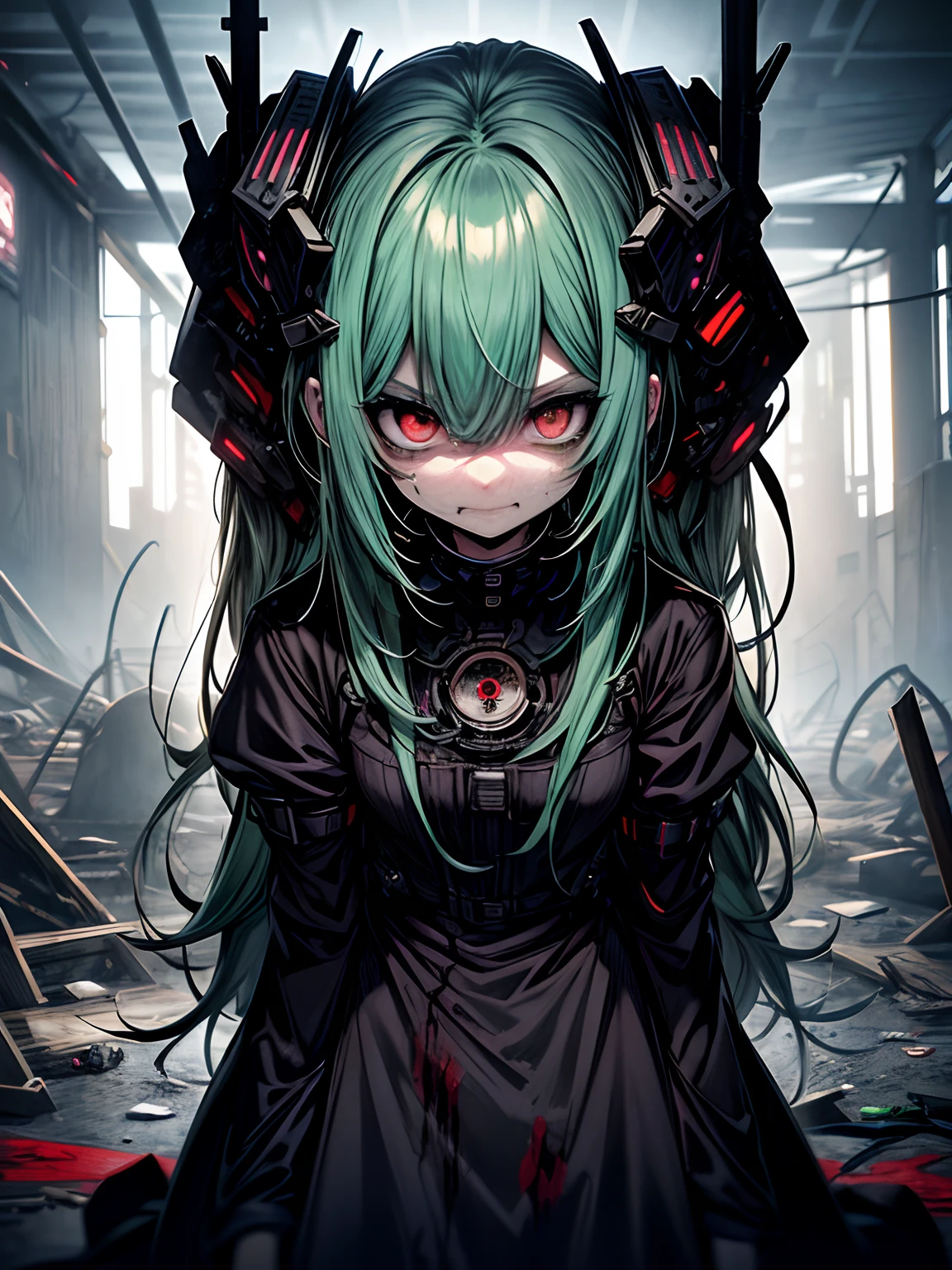 Ahegao、miku hatsune、Green hair、Black Dress、Very fellow humanoid characters, red eyes, She's crazy, nutty, horor, is scared, is scared, Shock value, Very diabolical, evocation, terrorism, terrorism, terrorism, rot, feeling of disgust, She is a psychopath, murky, extremely pale, paler, matted,, seem, terrifying, disease, Background ruins, gore, Bloody_mano, Yui, full body Esbian, (Messy_long_murky_Haar), Bosseler, evil eyes, Bright eye, psychopath,