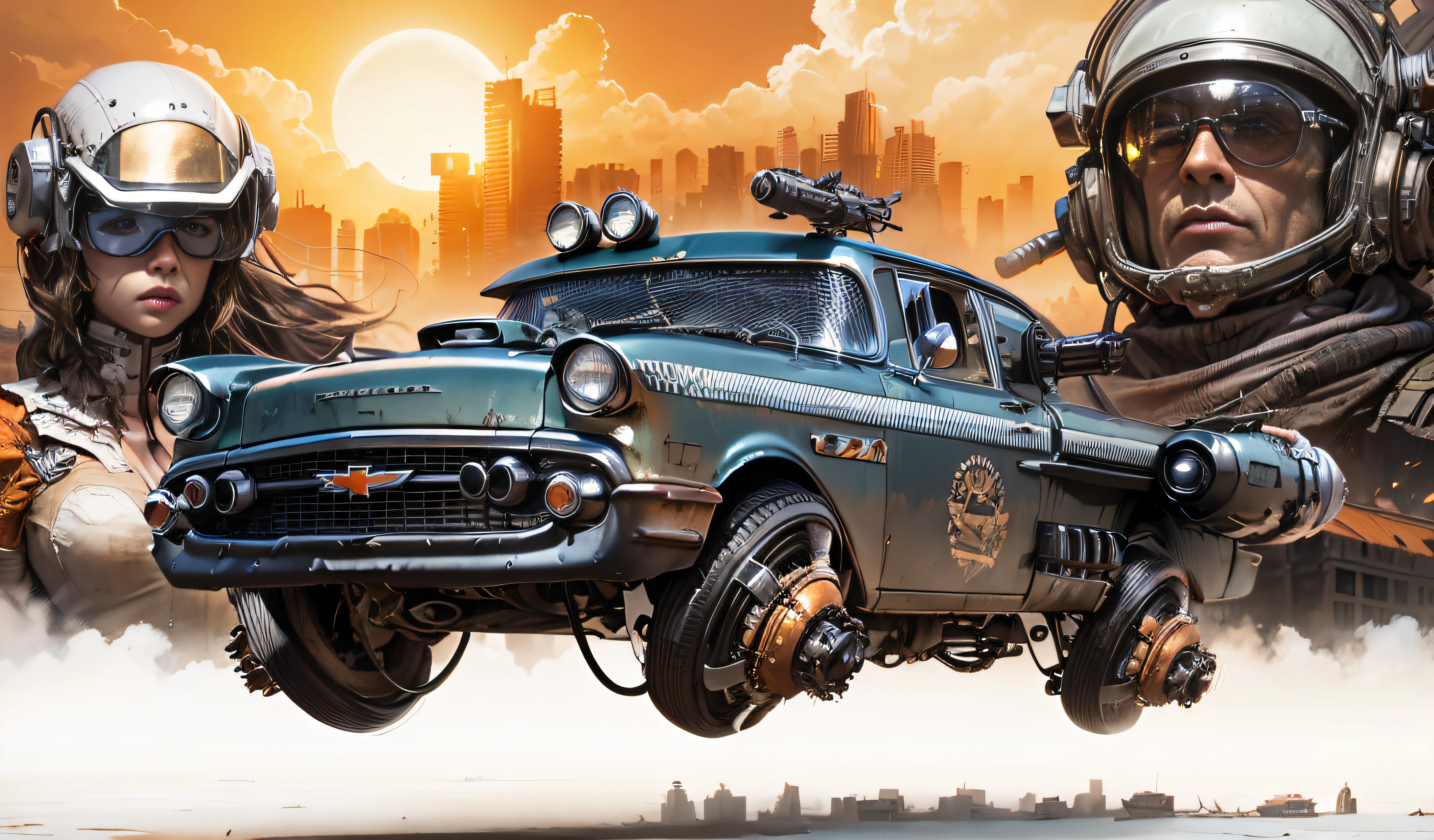A black Hover Chevy 57 well armed with missiles nad machine gun in the foreground, a beauty cyborg warrior woman an a air pilot man in the back and a pos apocalyptic city with various buildings lighted by a great sun in a orange tinted background