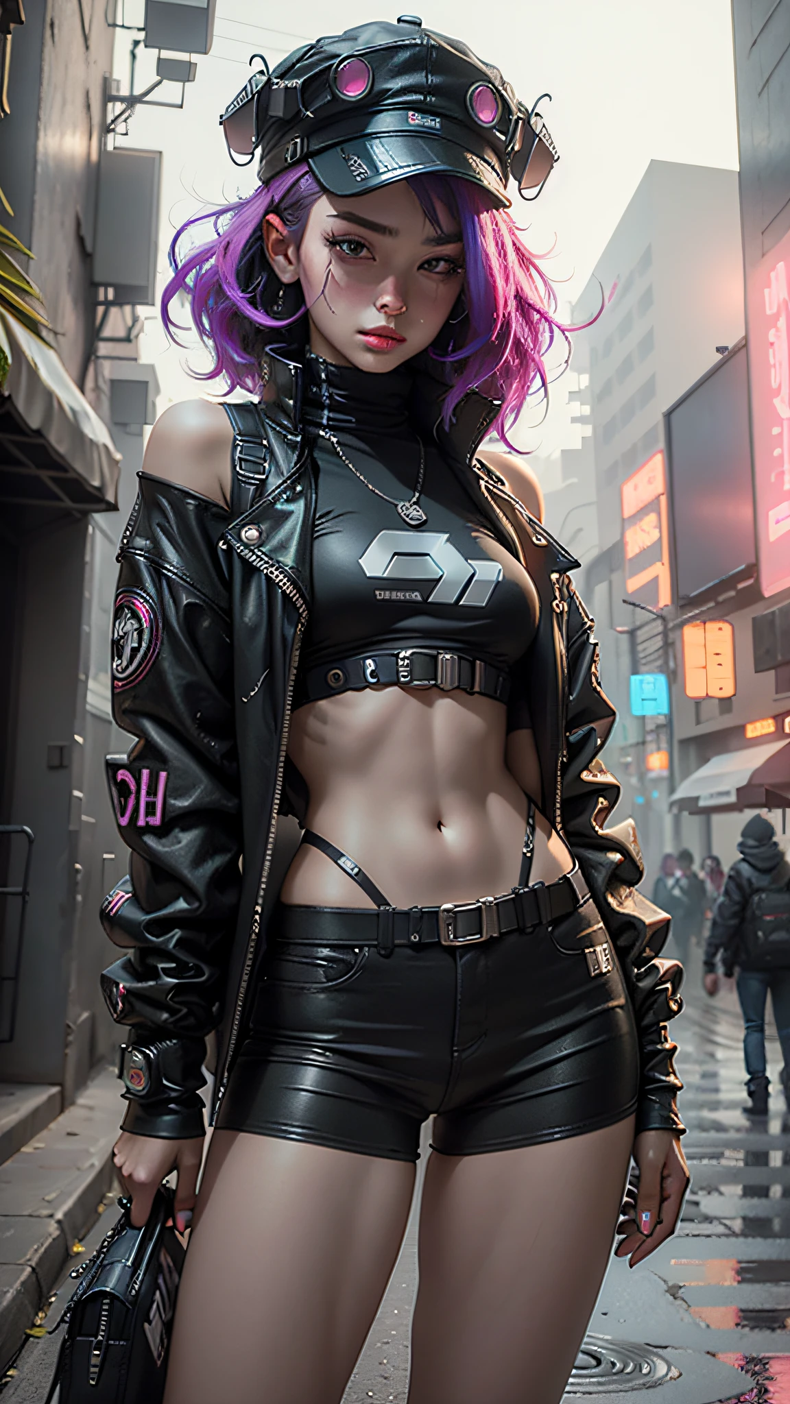 Beautiful woman medium hair, wearing cap, cyberpunk style short clothes