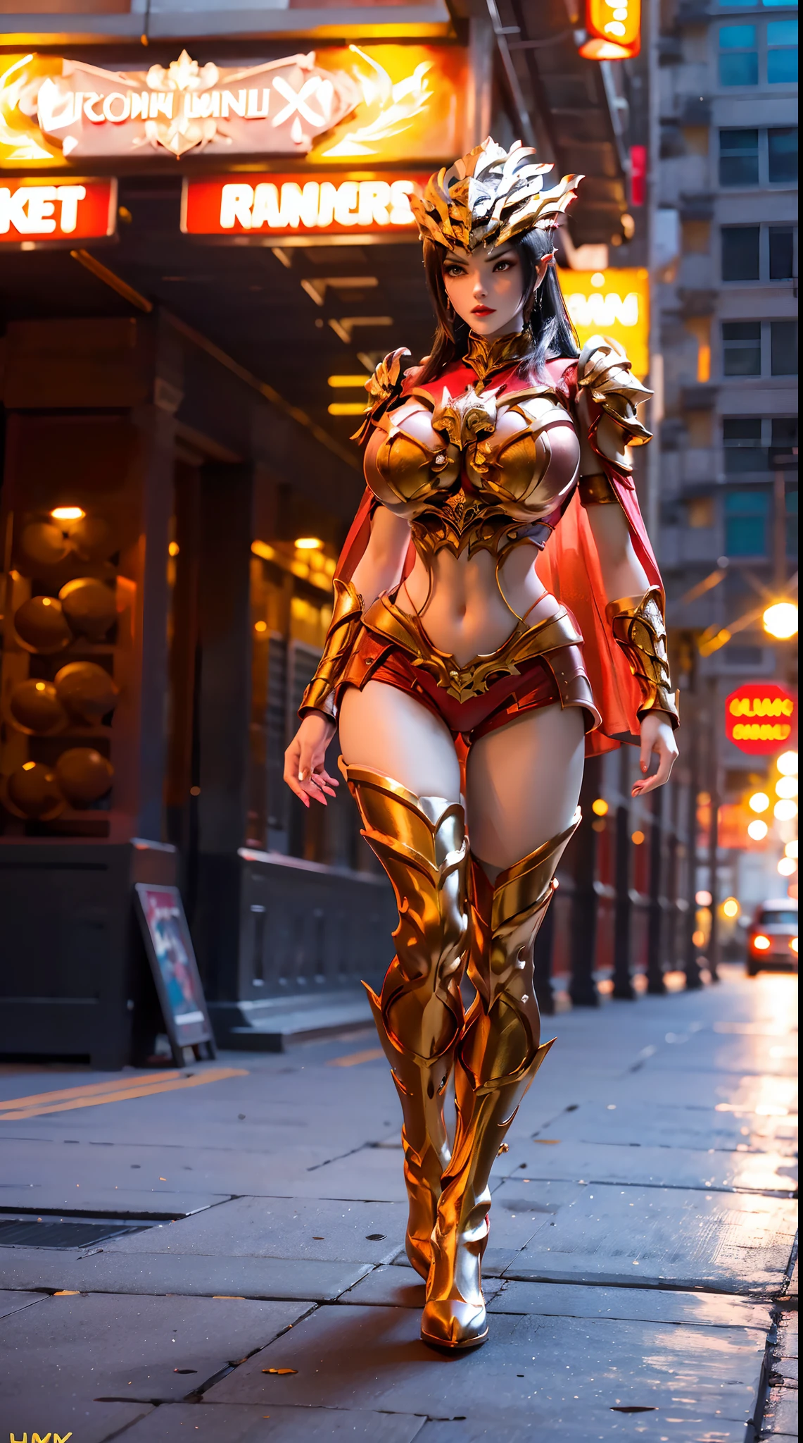 1GIRL, SOLO, (DRAGON QUEEN HELM, PONYTAIL), (HUGE FAKE BOOBS:1.3), (RED, GOLD), (STREET CITY BACKGROUND), (FUTURISTIC ICE PHOENIX MECHA BODYSUIT, ROYAL CAPE, CLEAVAGE:1.2), (SKINTIGHT YOGA HOTPANTS, HIGH HEELS:1.2), (PERFECT BODY, LOMG LEGS, FULL BODY VIEW:1.5), (LOOKING AT VIEWER), (WALKING DOWN:1.2), MUSCLE ABS:1.3, ULTRA HIGHT DEFINITION, 8K, 1080P.