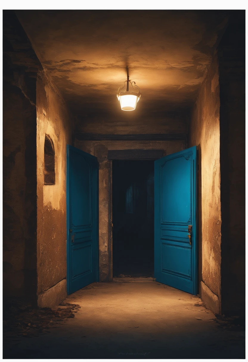 Character with curly hair looking at a door in an abandoned building, pixelated style, the door leads to a place that is completely dark, there is only a small blue lighting that you can barely see, and it is already dark outside