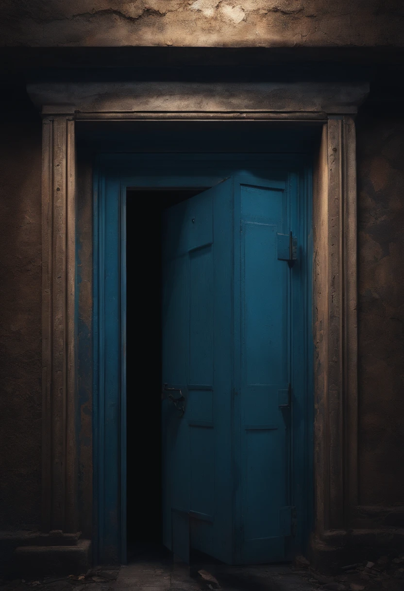 Character with curly hair looking at a door in an abandoned building, pixelated style, the door leads to a place that is completely dark, there is only a small blue lighting that you can barely see, and it is already dark outside