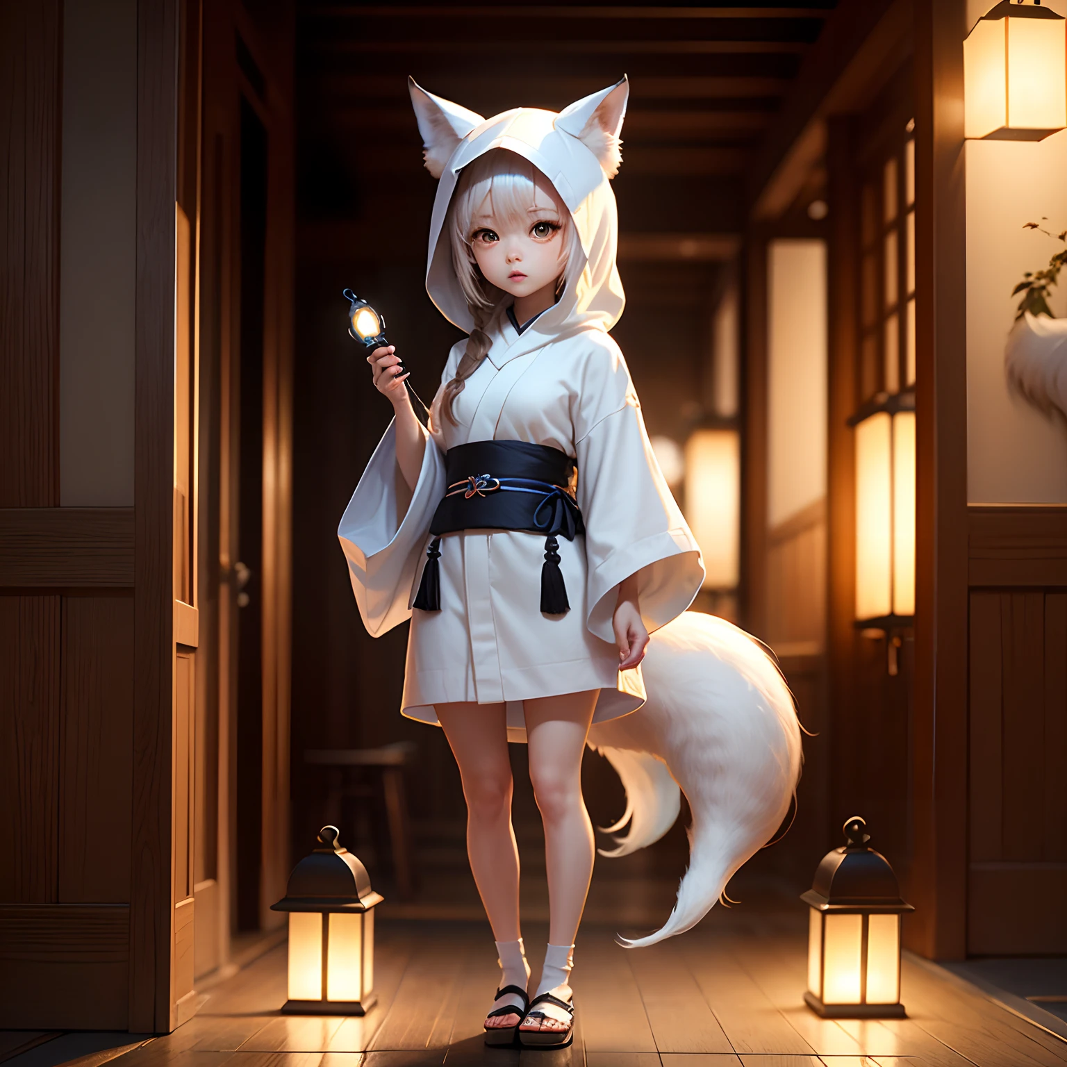 masterpiece、top-quality、ultra-detailliert、(Chibi Chara White Fox:1.2)、dark kimono、white hood、Lantern light、Standing、