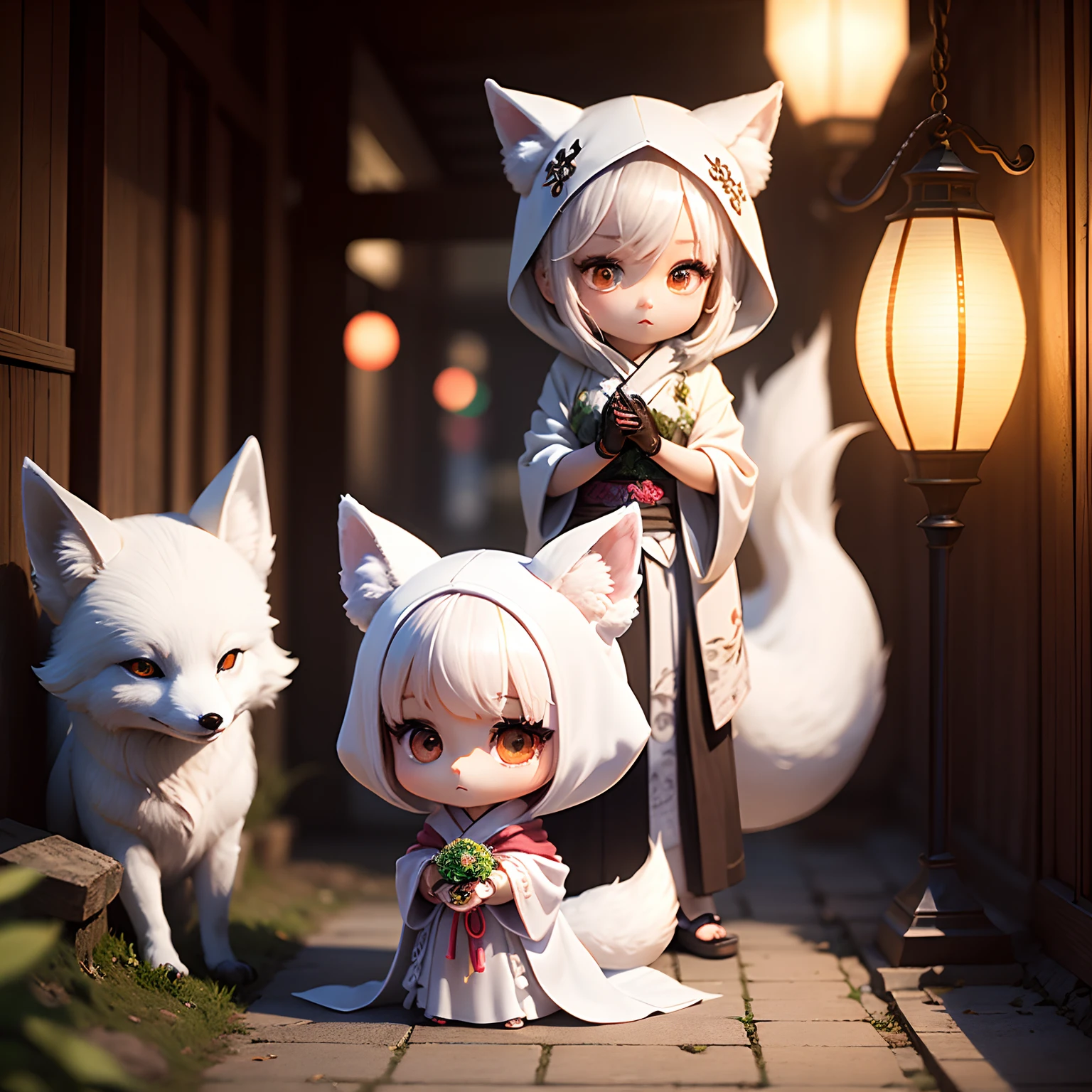 ​masterpiece、top-quality、ultra-detailliert、(Chibi Chara White Fox Bride:1.2)、dark kimono、white hood、Lantern light、Standing、
