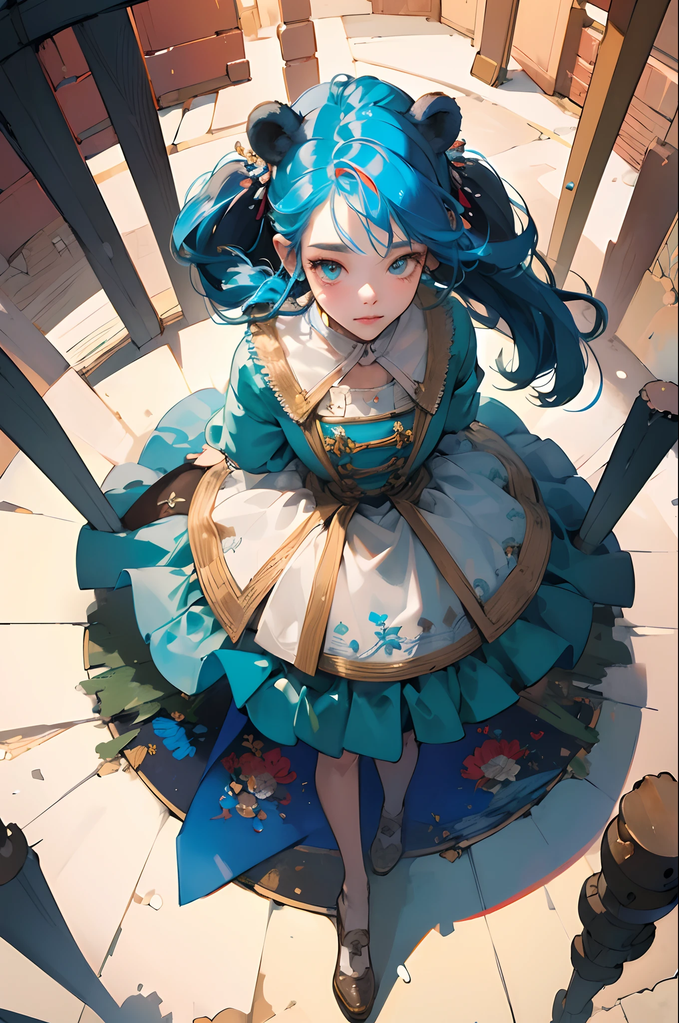 (masterpiece:1.4), (best quality:1.4), extremely detailed, intricate, hyper detailed, (PERFECT FACE), illustration,soft lighting, full_body, 1girl, lonely, Ao hair, colorful, colorized, from_above ,bear_costume , prison