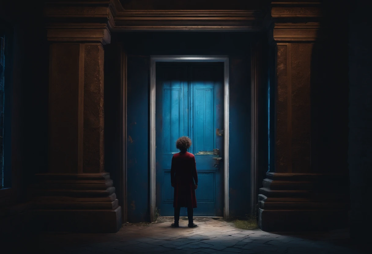Character with curly hair looking at a door in an abandoned building, pixelated style, the door leads to a place that is completely dark, there is only a small blue lighting that you can barely see, and it is already dark outside