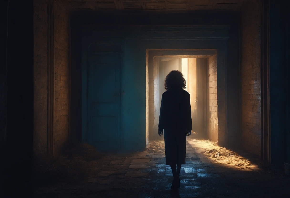 Character with curly hair looking at a door in an abandoned building, pixelated style, the door leads to a place that is completely dark, there is only a small blue lighting that you can barely see, and it is already dark outside