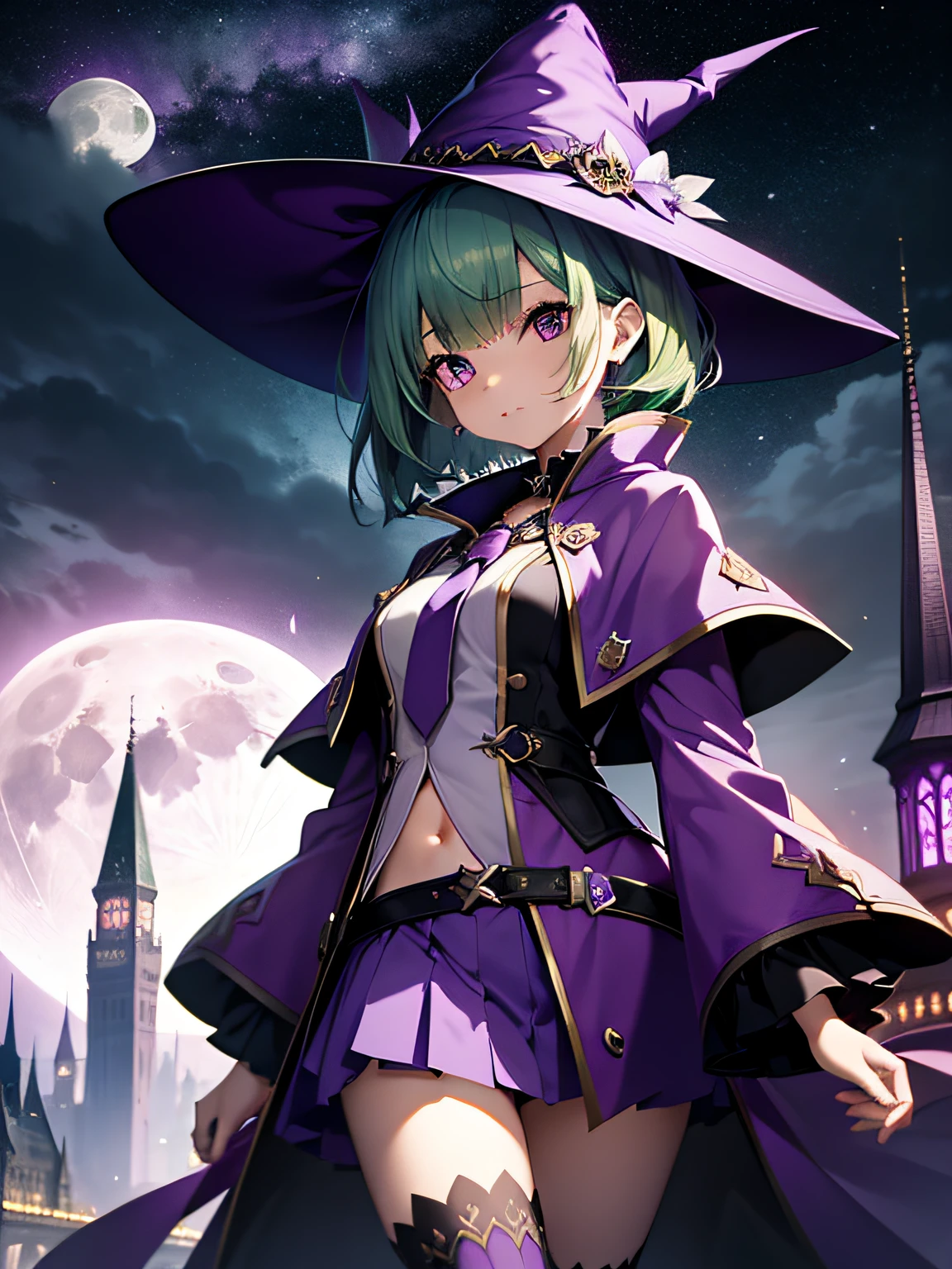 top-quality、extremely delicate and beautiful、(A girl)、Purple Eye、Green hair、short-haired、(purple witch hat)、Purple tie、Soio、shortsleeves、Purple skirt、Purple Wizard Robe、Navel、is standing、Full moon night on background