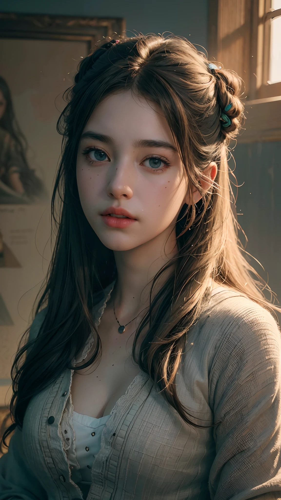 (RAW photo, best quality), (realistic, photo-realistic:1.3),best quality,highly detailed,masterpiece,ultra-detailed,illustration,1girl,upper_body,dynamic angle,world masterpiece theater,messy_long_hair,best quality,extremely detailed CG unity 8k wallpaper,ink,Amazing,cinematic lighting,lens_flare,,dunhuang_style