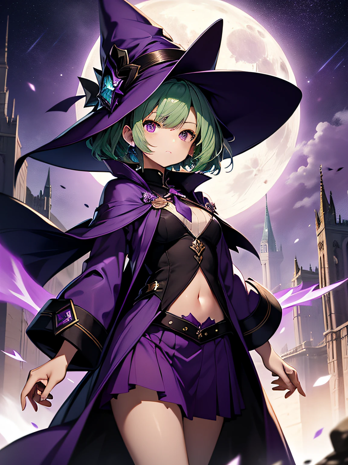 top-quality、extremely delicate and beautiful、(A age girl)、Purple Eye、Green hair、short-haired、(purple witch hat)、Purple tie、Soio、shortsleeves、Purple skirt、Purple Wizard Robe、Navel、is standing、Full moon night on background