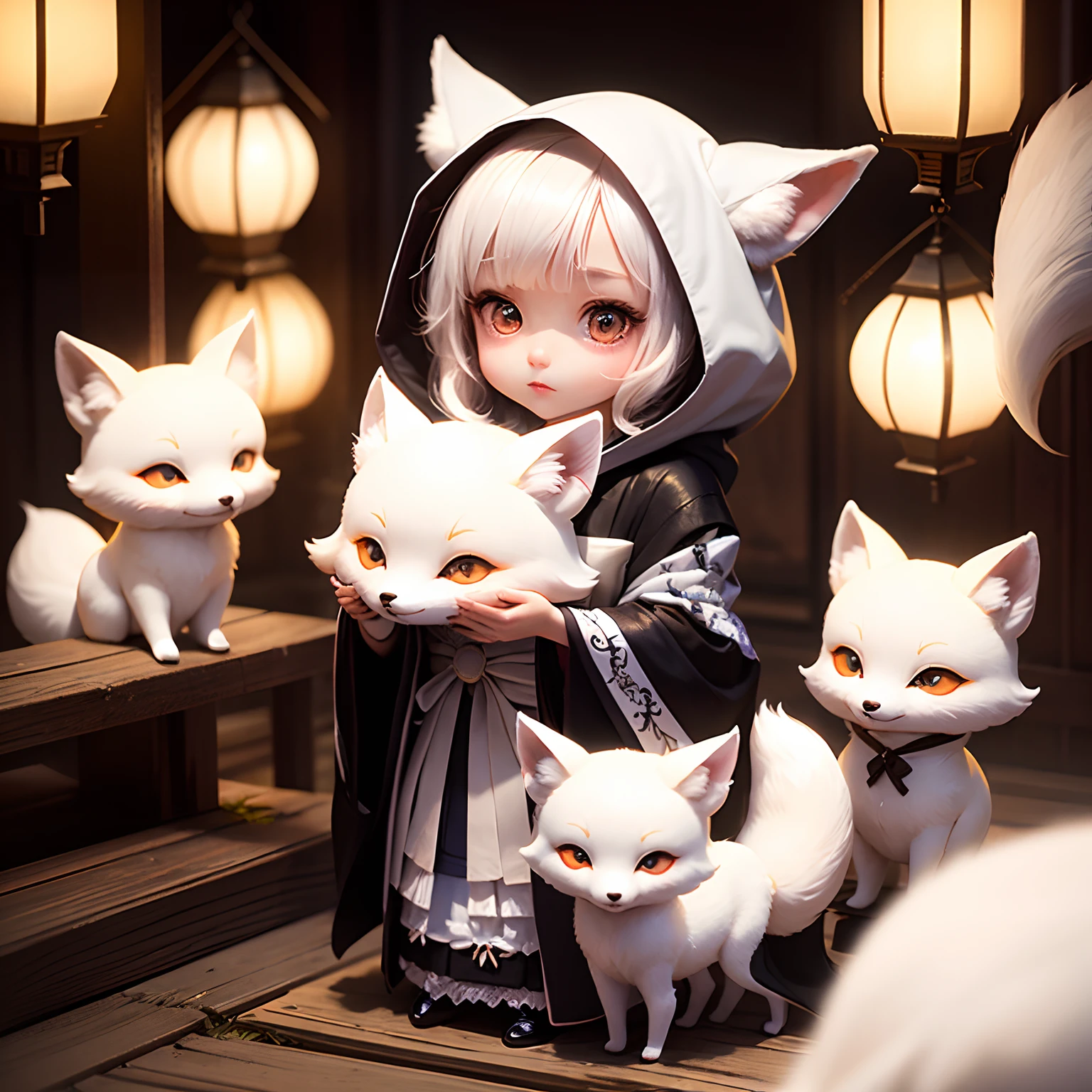 masterpiece、top-quality、ultra-detailliert、(Chibi Chara White Fox Bride:1.2)、dark kimono、white hood、Lantern light、Standing、