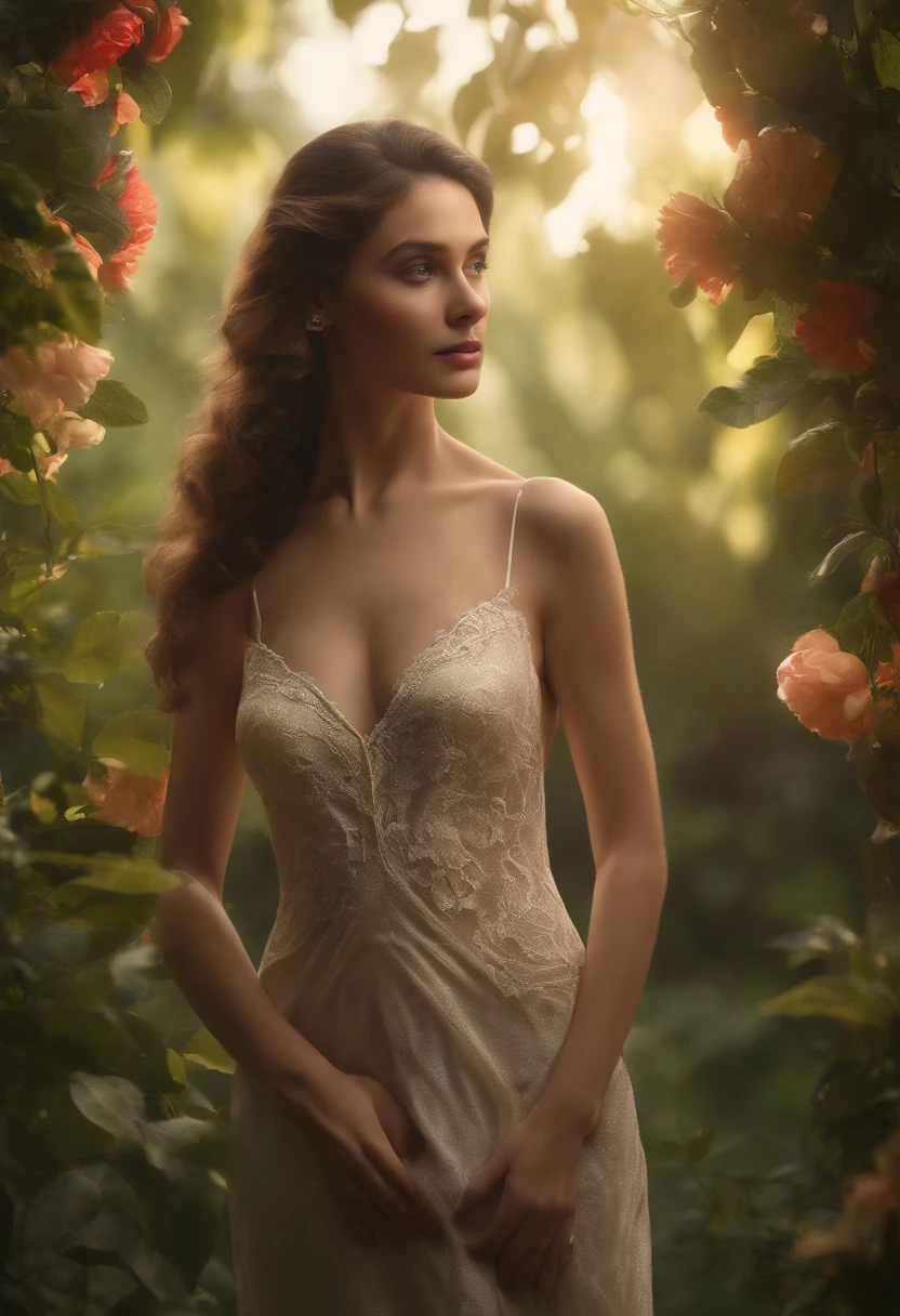 A woman in the Garden of Eden, naked, RAW Photography, Highest Quality, Masterpiece, Extremely Delicate and Beautiful, CG, Unity, 8k Background, Amazing Detail , Delicate , Masterpiece , Highest Quality , Extremely Detail CG Unity 8k Background , Super Detail , Clear , Focus , (Best Quality), (Realistic Photoreality: 1. Full-Future (Focused), Finger Sweat-Light), Full-Headed (Full-Lighted), Full-Lighting (Full-Lighted), Full-Headedness)