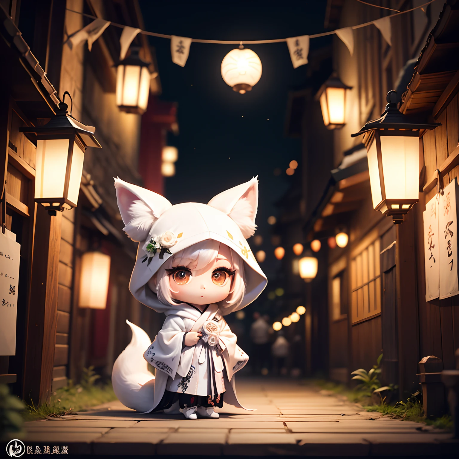 ​masterpiece、top-quality、ultra-detailliert、(Chibi Chara White Fox Bride:1.2)、dark kimono、white hood、Lantern light、Standing、