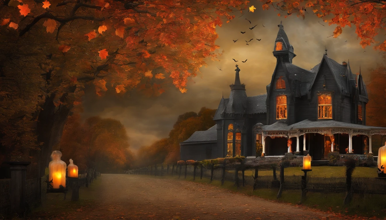 Fiesta de Halloween con brujas y fantasmas, with the Dark Vintage Gothic collage wall art style, autumn season.