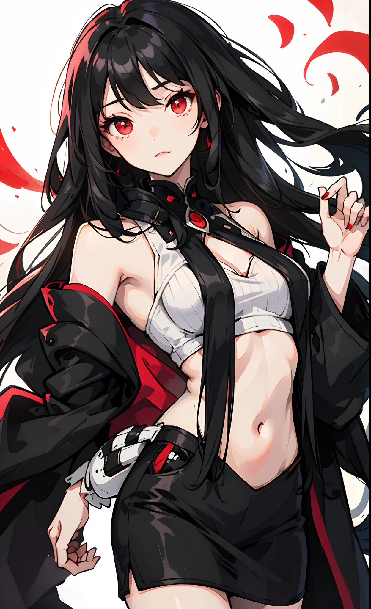 Dark style, black hair, white skin, red eyes, long hair, bangs,underwear
