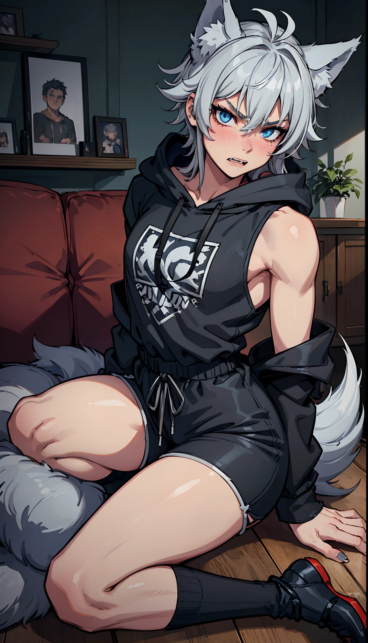 ((1boy)), big sharp wolf ears, large fluffy wolf tail, gray short messy hair, black hoodie, gym booty shorts, vibrant amber eyes, black thigh highs, masterpiece, good quality, smug, slightly nsfw, has a big butt and big thighs, living room setting, teasing, seductive, toned abs, boy, bent over, heart eyes, slim waist, sitting down while butt faces viewer, extremly flat chest, bulge, mouth wide open, canine fangs, saliva dripping from tongue, intense blushing, EXTRA large bubble butt, EXTRA large thighs, lewd